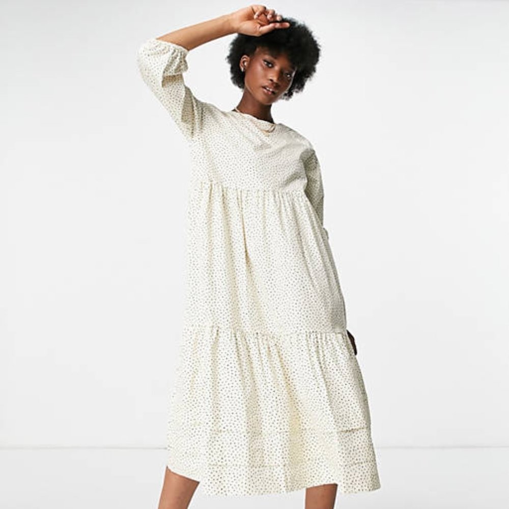 NWOT Monki Vira midi smock dress in cream dot print